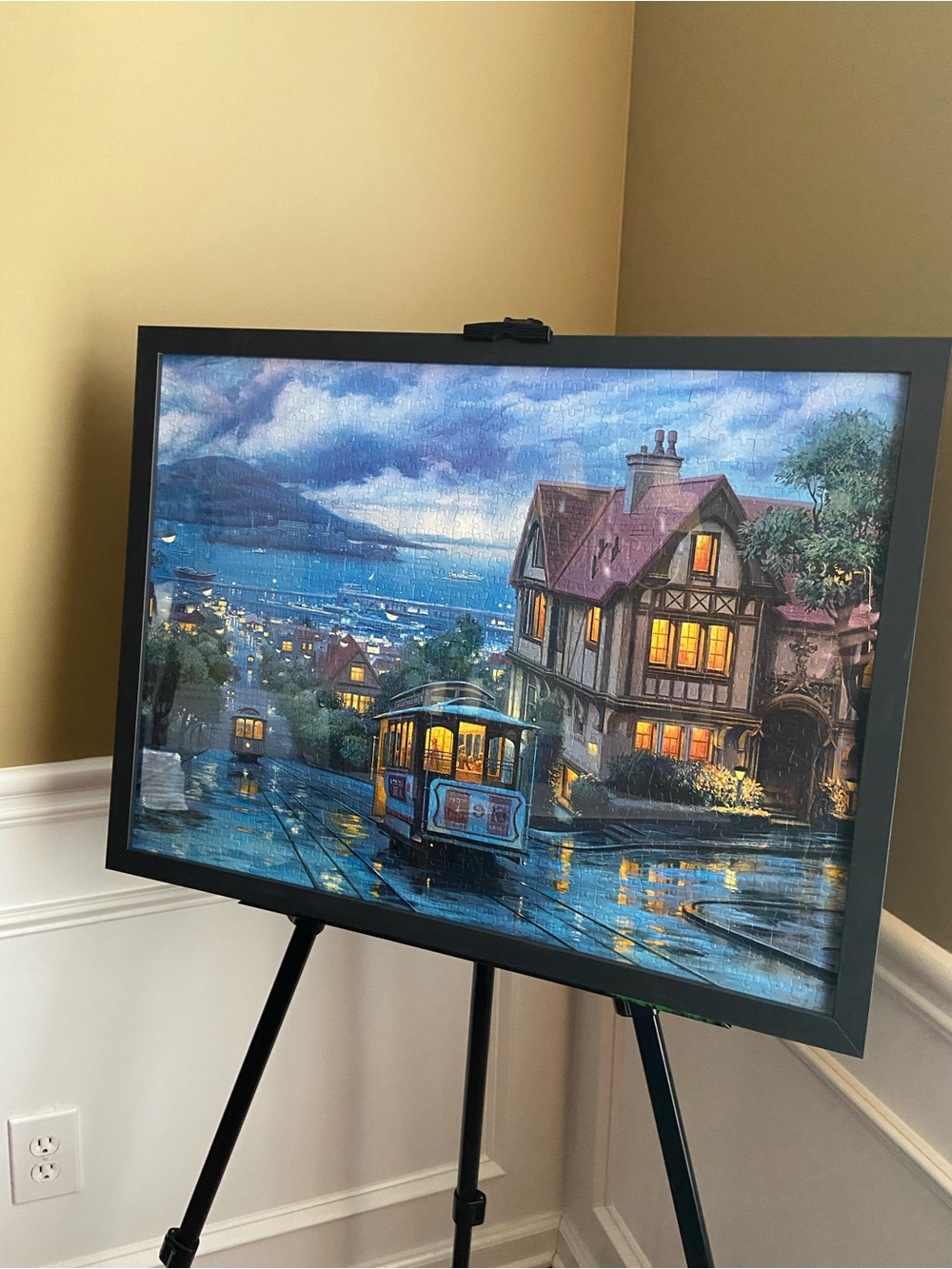 Framed Coastal Evening Street Art Print in Blue and Yellow